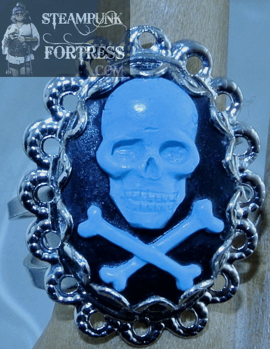 SILVER SKULL CROSSBONES BLUE ON BLACK LACE EDGE PIRATE HALLOWEEN ADJUSTABLE RING STARR WILDE STEAMPUNK FORTRESS