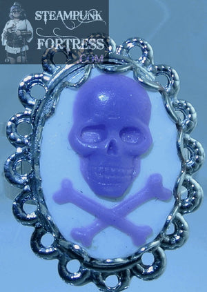 SILVER SKULL CROSSBONES PURPLE ON WHITE LACE EDGE PIRATE HALLOWEEN ADJUSTABLE RING STARR WILDE STEAMPUNK FORTRESS
