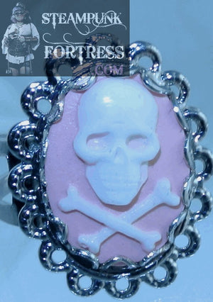 SILVER SKULL CROSSBONES WHITE ON PINK LACE EDGE PIRATE HALLOWEEN ADJUSTABLE RING STARR WILDE STEAMPUNK FORTRESS