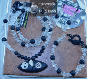 BLACK LAVA ROCK GEMSTONES STONES POINTED OVAL CLEAR QUARTZ CHIPS LAVA ROUNDS SILVER GEARS NECKLACE SET AVAILABLE STARR WILDE STEAMPUNK FORTRESS