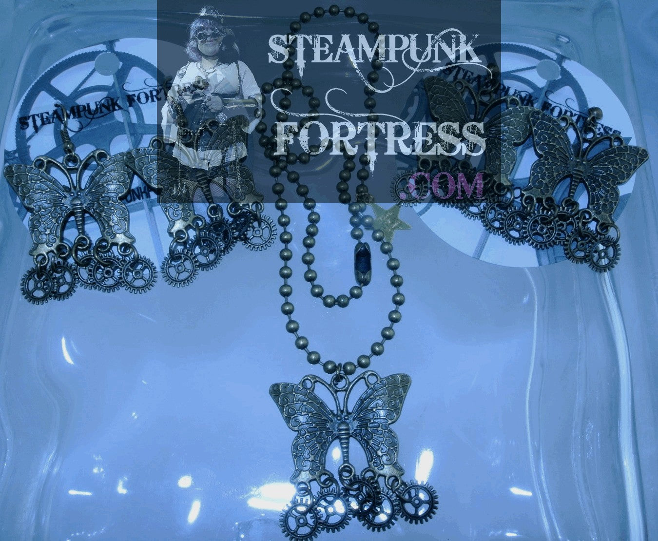 BRASS BUTTERFLY 5 4 ARM GEARS DROP NECKLACE SET AVAILABLE STARR WILDE STEAMPUNK FORTRESS