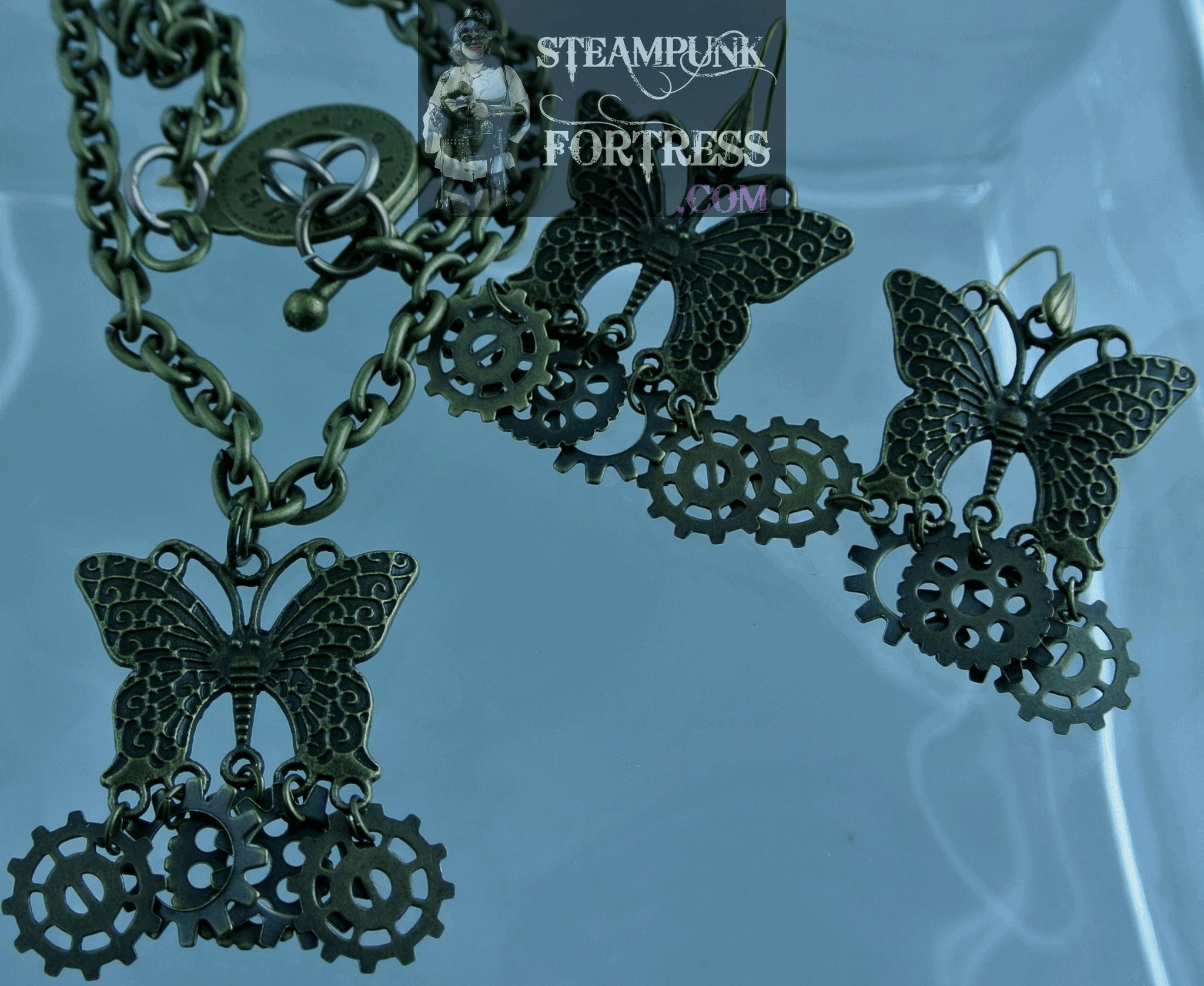 BRASS BUTTERFLY DROP 5 GEARS NECKLACE SET AVAILABLE STARR WILDE STEAMPUNK FORTRESS