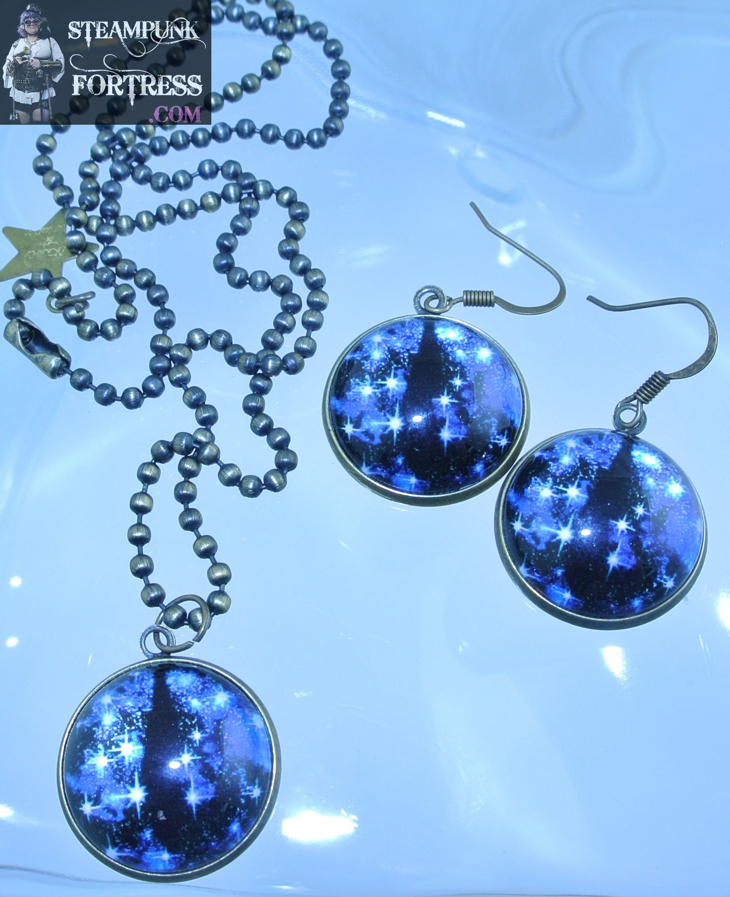 BRASS EYE BLUE WORLD IN YOUR EYES GALAXY BLACK CAT DRAGON LIZARD PUPIL 20MM NECKLACE SET AVAILABLE HALLOWEEN COSPLAY COSTUME STARR WILDE STEAMPUNK FORTRESS