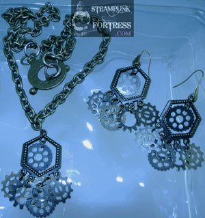 BRASS HEXAGON FRAME DROP 6 GEARS NECKLACE SET AVAILABLE STARR WILDE STEAMPUNK FORTRESS