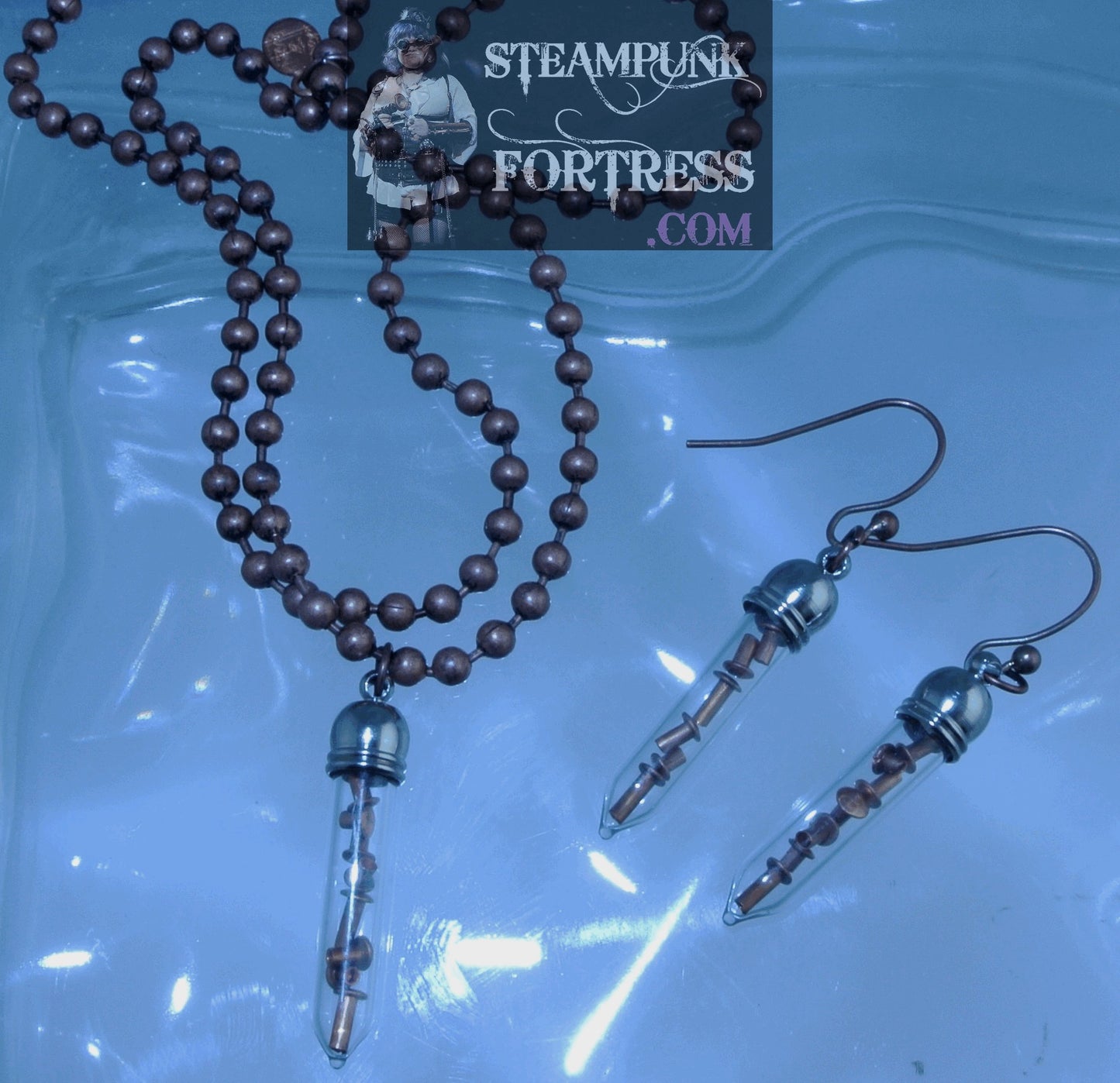COPPER VIAL TEST TUBE POINTED RIVETS BALL CHAIN NECKLACE SET AVAILABLE STARR WILDE STEAMPUNK FORTRESS DUPLICATE