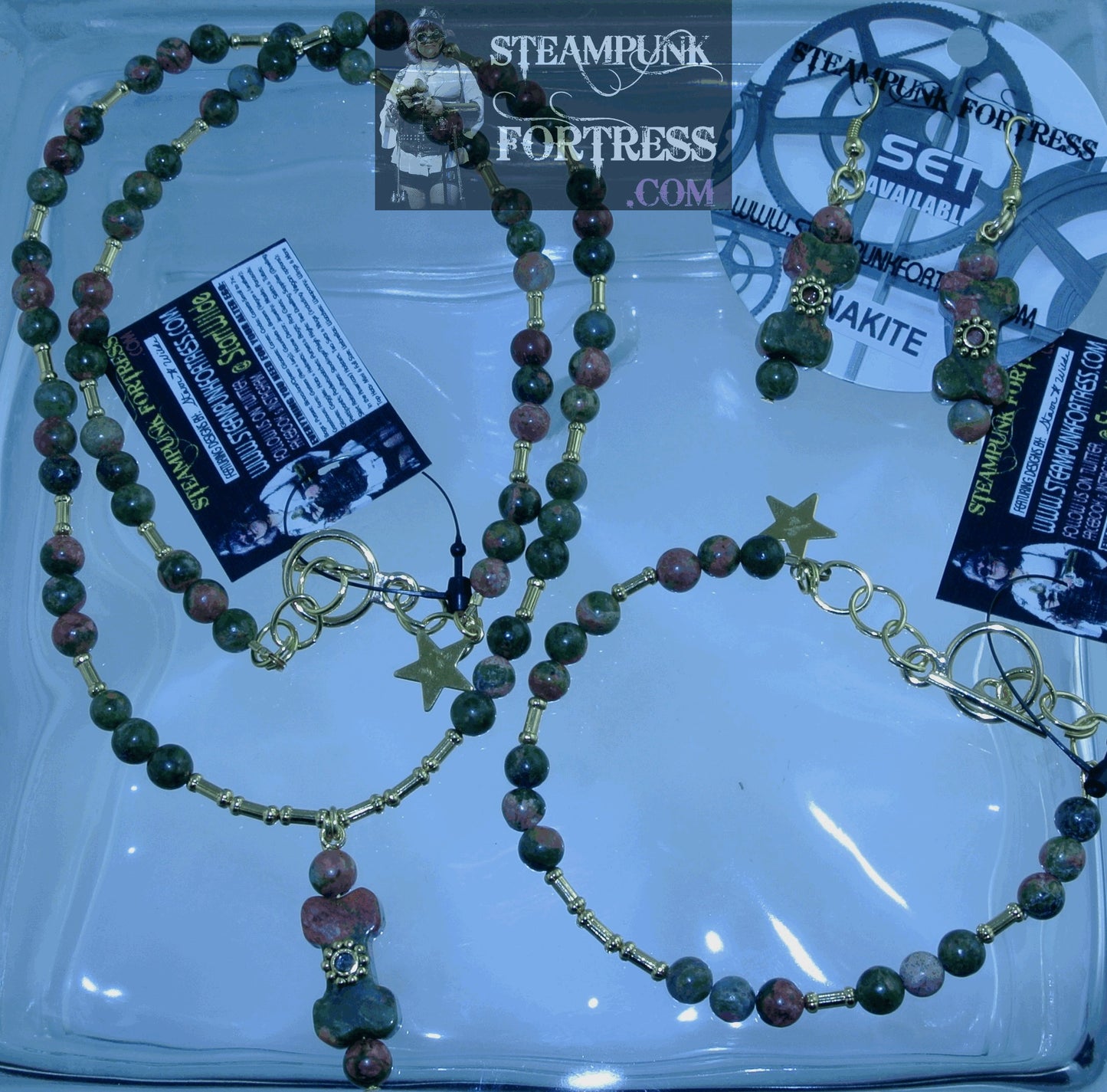 GOLD UNAKITE DOG BONE GEMSTONES STONES GEAR DOG BONE BEADS NECKLACE SET AVAILABLE 2 SIDED REVERSIBLE STARR WILDE STEAMPUNK FORTRESS