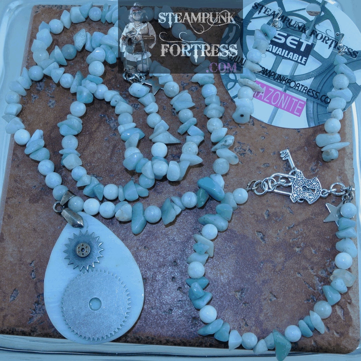 SILVER AMAZONITE GEMSTONES STONES TEARDROP FOCAL 2 SILVER GEARS BB8 ROUNDS CHIPS NECKLACE SET AVAILABLE 2 SIDED REVERSIBLE STARR WILDE STEAMPUNK FORTRESS