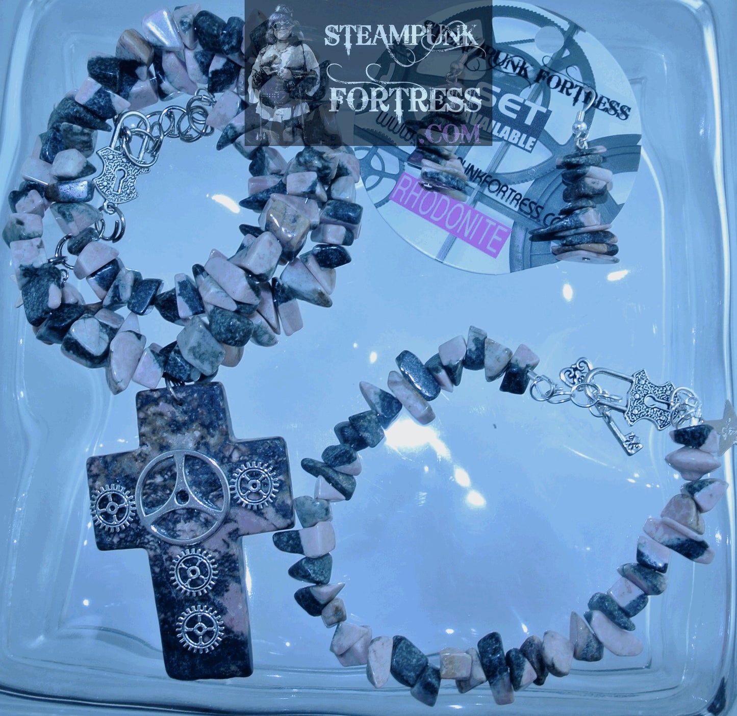 SILVER CROSS RHODONITE GEMSTONES STONES CHIPS 5 SILVER GEARS NECKLACE SET AVAILABLE 2 SIDED REVERSIBLE STARR WILDE STEAMPUNK FORTRESS