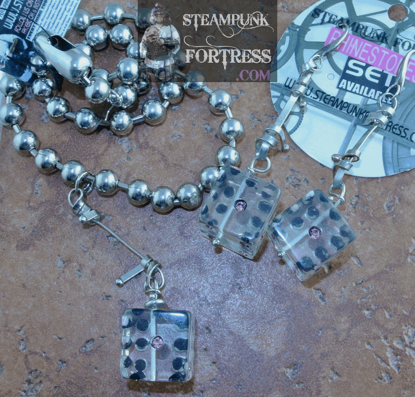 SILVER DICE LARGE CLEAR PINK RHINESTONES SILVER BALL CHAIN NECKLACE SET AVAILABLE STARR WILDE STEAMPUNK FORTRESS