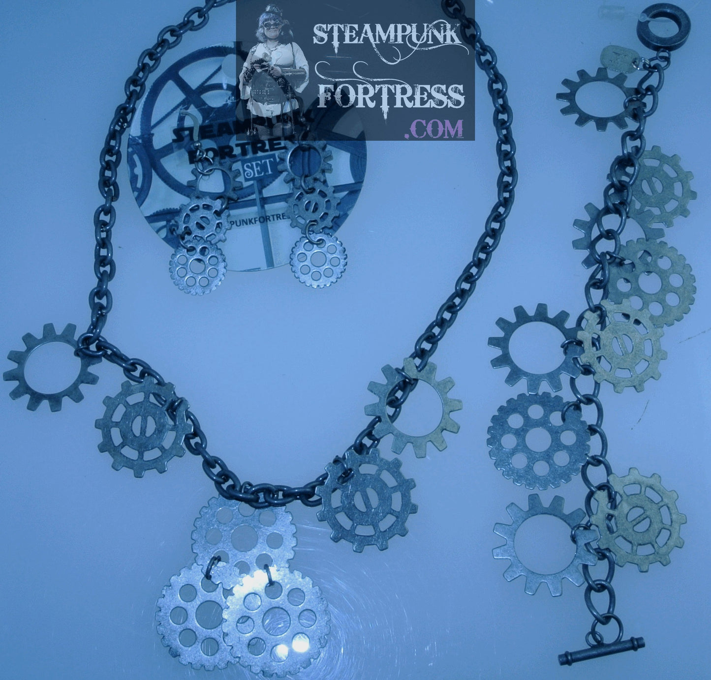 GUNMETAL SILVER GEARS 7 WATCH CLOCK NECKLACE SET AVAILABLE STARR WILDE STEAMPUNK FORTRESS