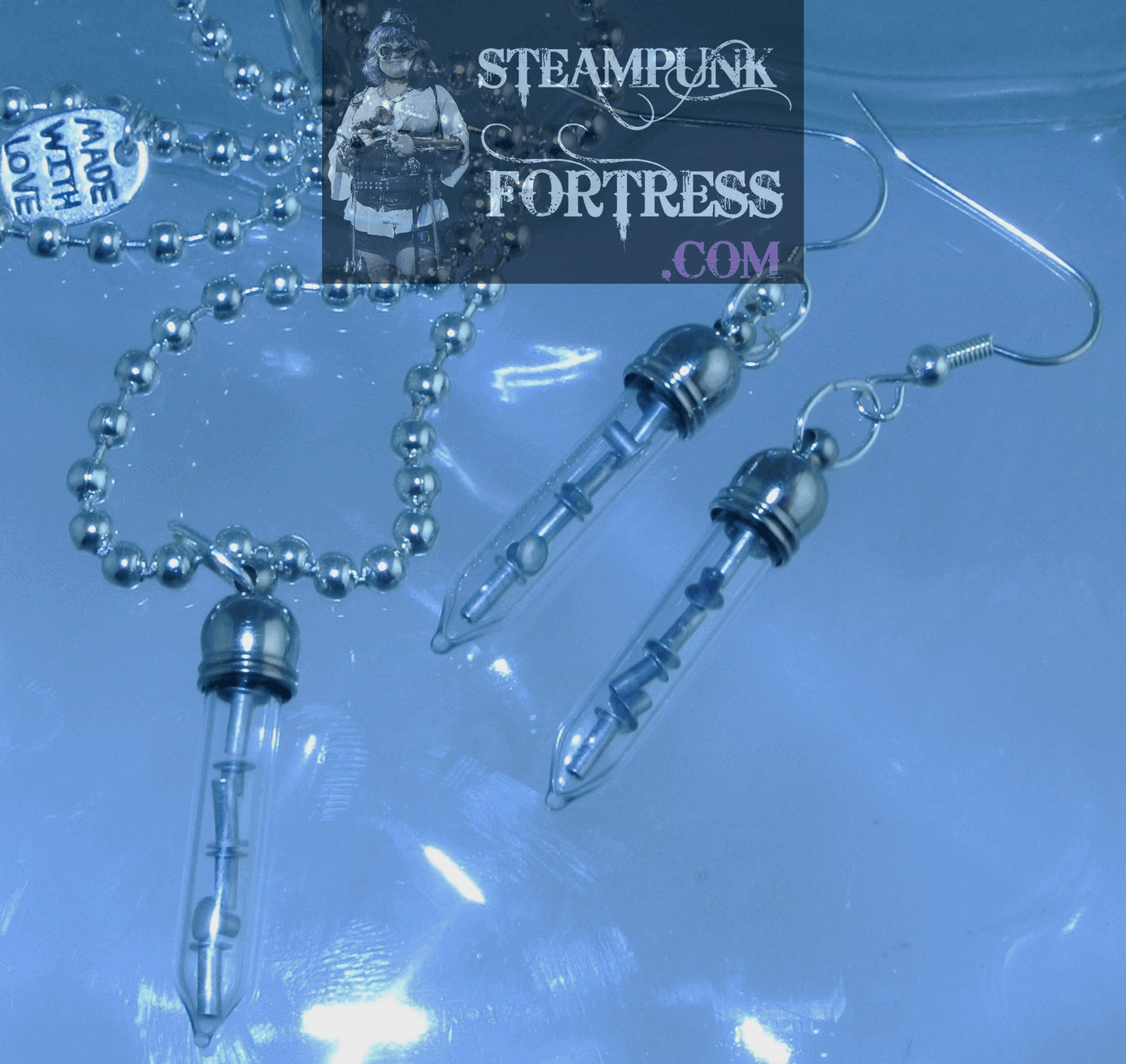 SILVER VIALS TEST TUBES POINTED GLASS SILVER RIVETS PIERCED EARRINGS SET AVAILABLE STARR WILDE STEAMPUNK FORTRESS 