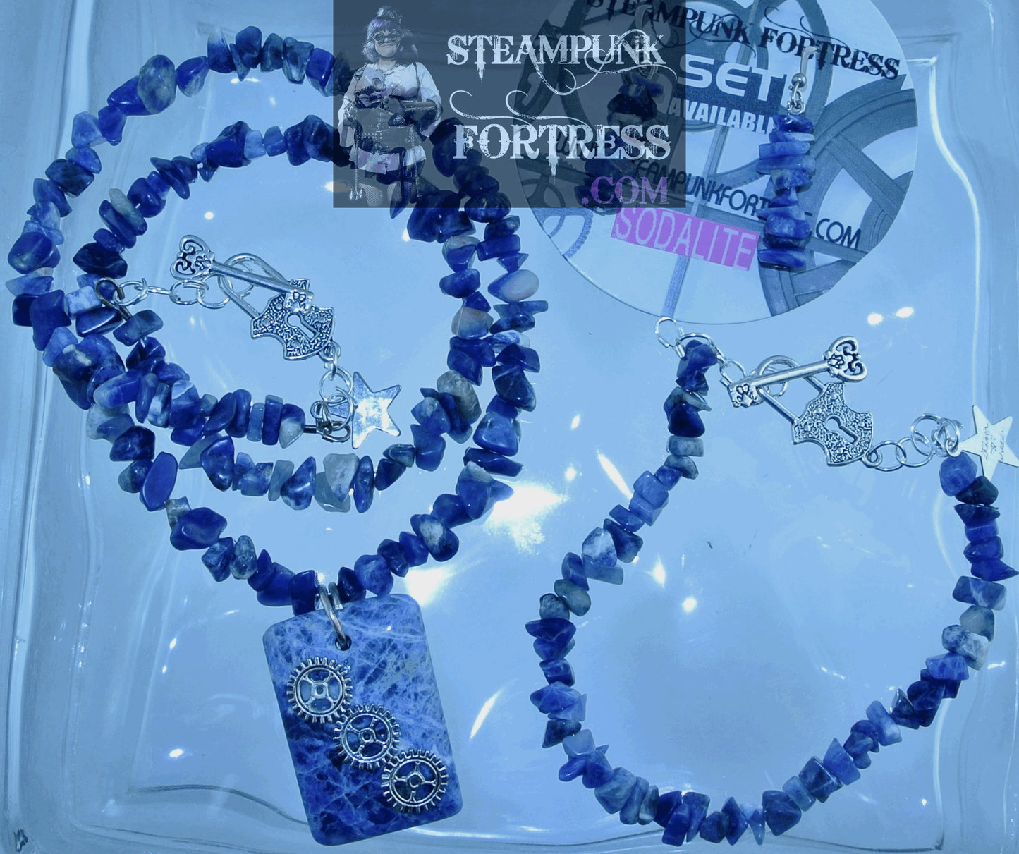 SILVER SODALITE RECTANGLE GEMSTONES STONES FOCAL 3 SILVER 4 ARM GEARS CHIPS NECKLACE SET AVAILABLE 2 SIDED REVERSIBLE STARR WILDE STEAMPUNK FORTRESS
