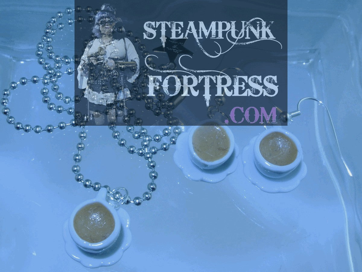 SILVER TEA CUPS COFFEE LATTE FULL SAUCERS PIERCED EARRINGS DUELLING DUELING RACES SET AVAILABLE STARR WILDE STEAMPUNK FORTRESS