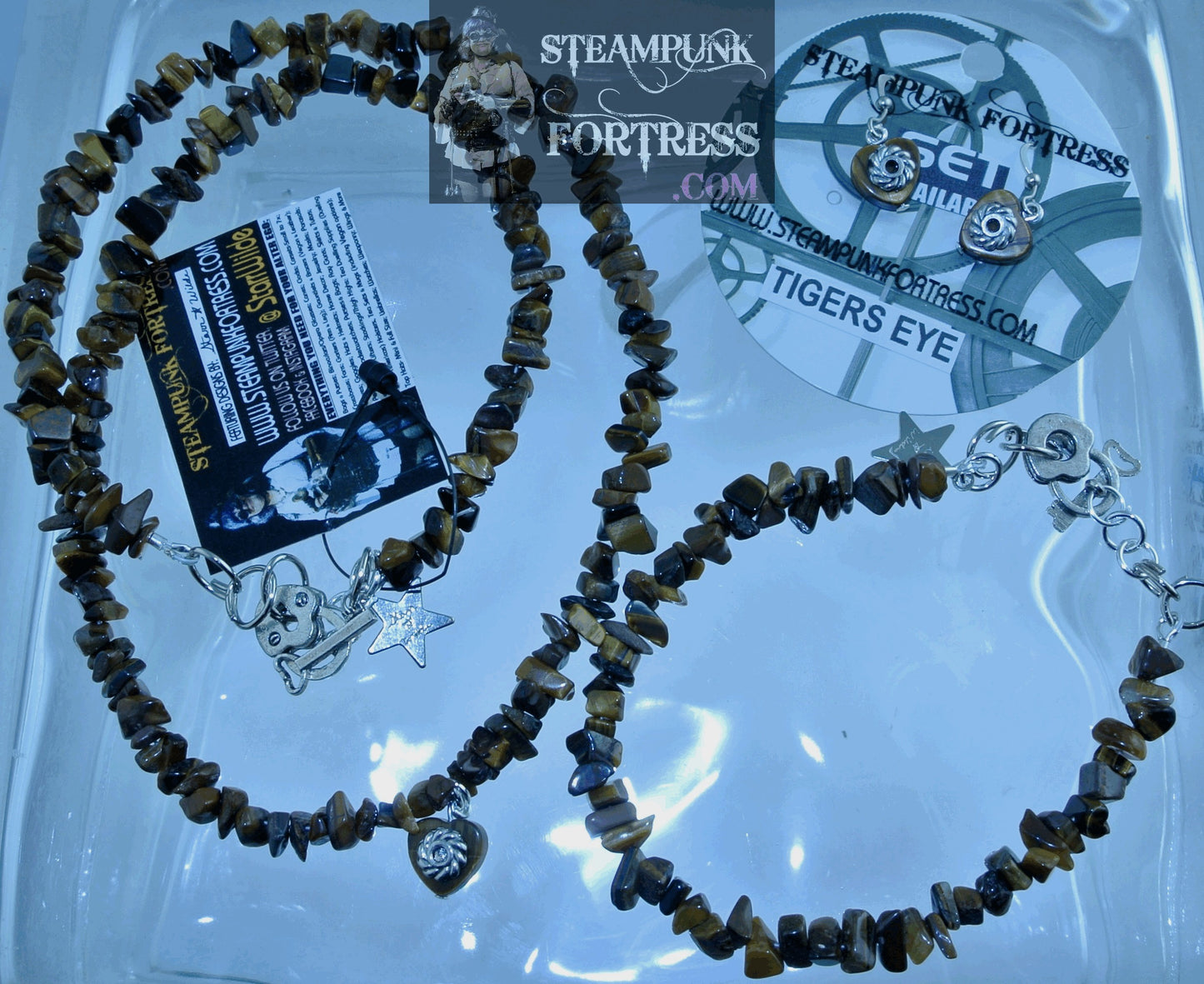 SILVER TIGERS EYE GEMSTONES STONES HEART GEAR CHIPS NECKLACE SET AVAILABLE 2 SIDED REVERSIBLE STARR WILDE STEAMPUNK FORTRESS