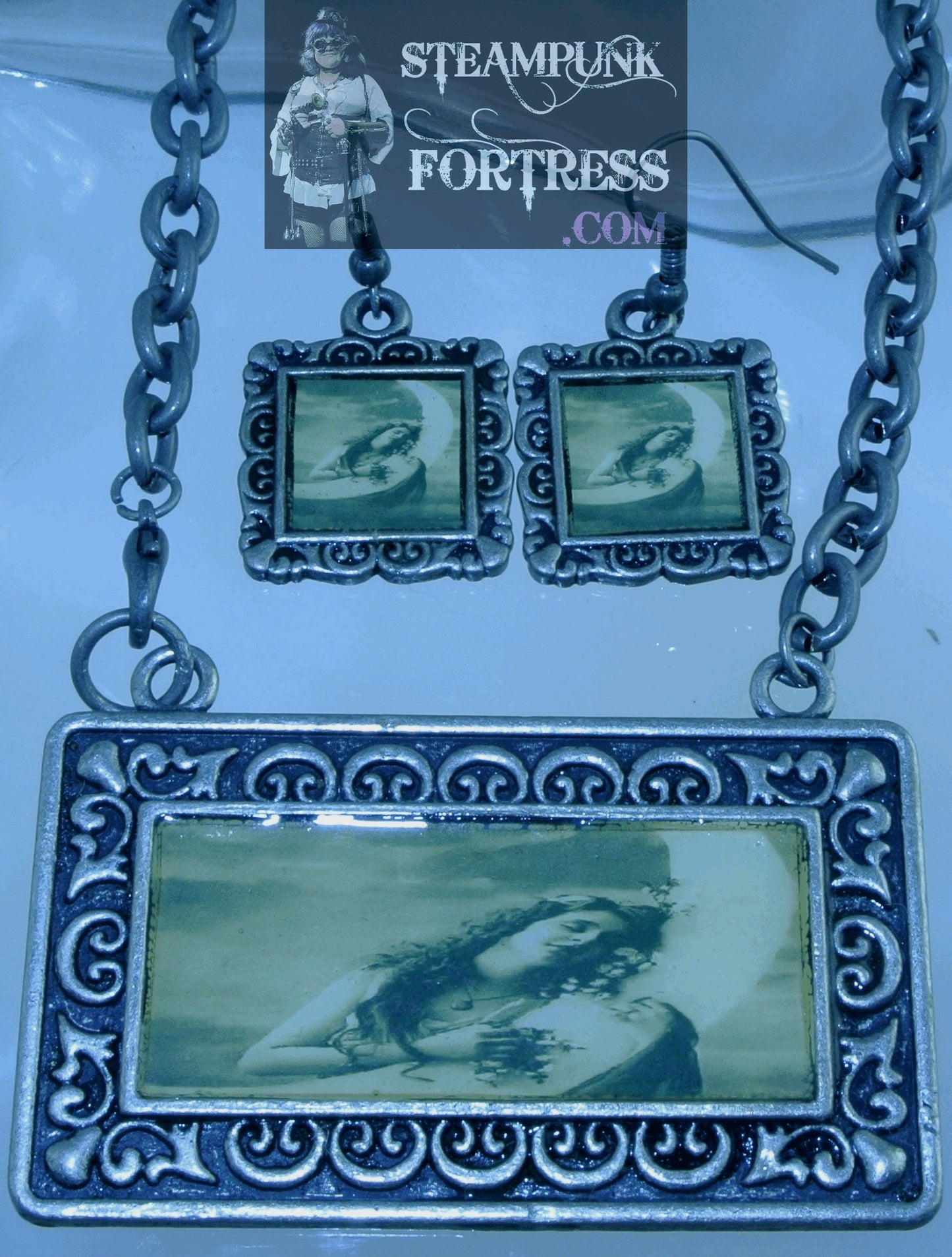 SILVER VINTAGE LADIES LADY HUGGING MOON SEPIA RECTANGLE GUNMETAL NECKLACE SET AVAILABLE STARR WILDE STEAMPUNK FORTRESS