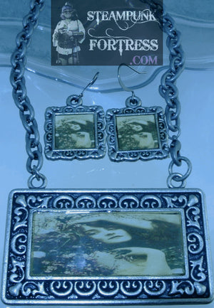 SILVER VINTAGE LADIES WILDFLOWERS GUNMETAL RECTANGLE NECKLACE SET AVAILABLE STARR WILDE STEAMPUNK FORTRESS