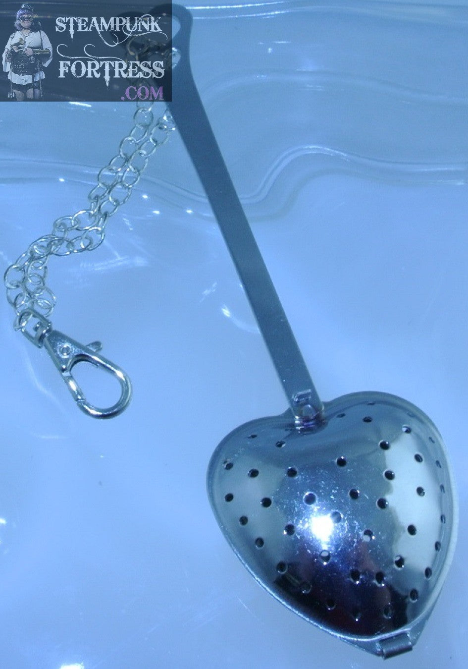 SILVER SPOON STRAINER STIRRER INFUSER HEART SHAPED TEA DUELING CLASP CLIP CHAIN STARR WILDE STEAMPUNK FORTRESS