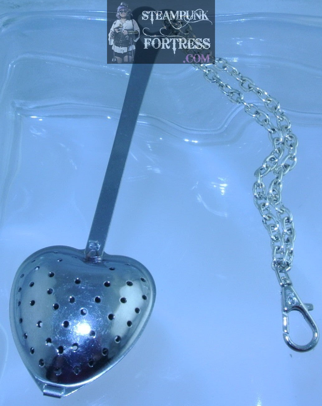 SILVER STRAINER SPOON STIRRER INFUSER HEART SHAPE TEA DUELING HEAVY CHAIN CLASP CLIP STARR WILDE STEAMPUNK FORTRESS