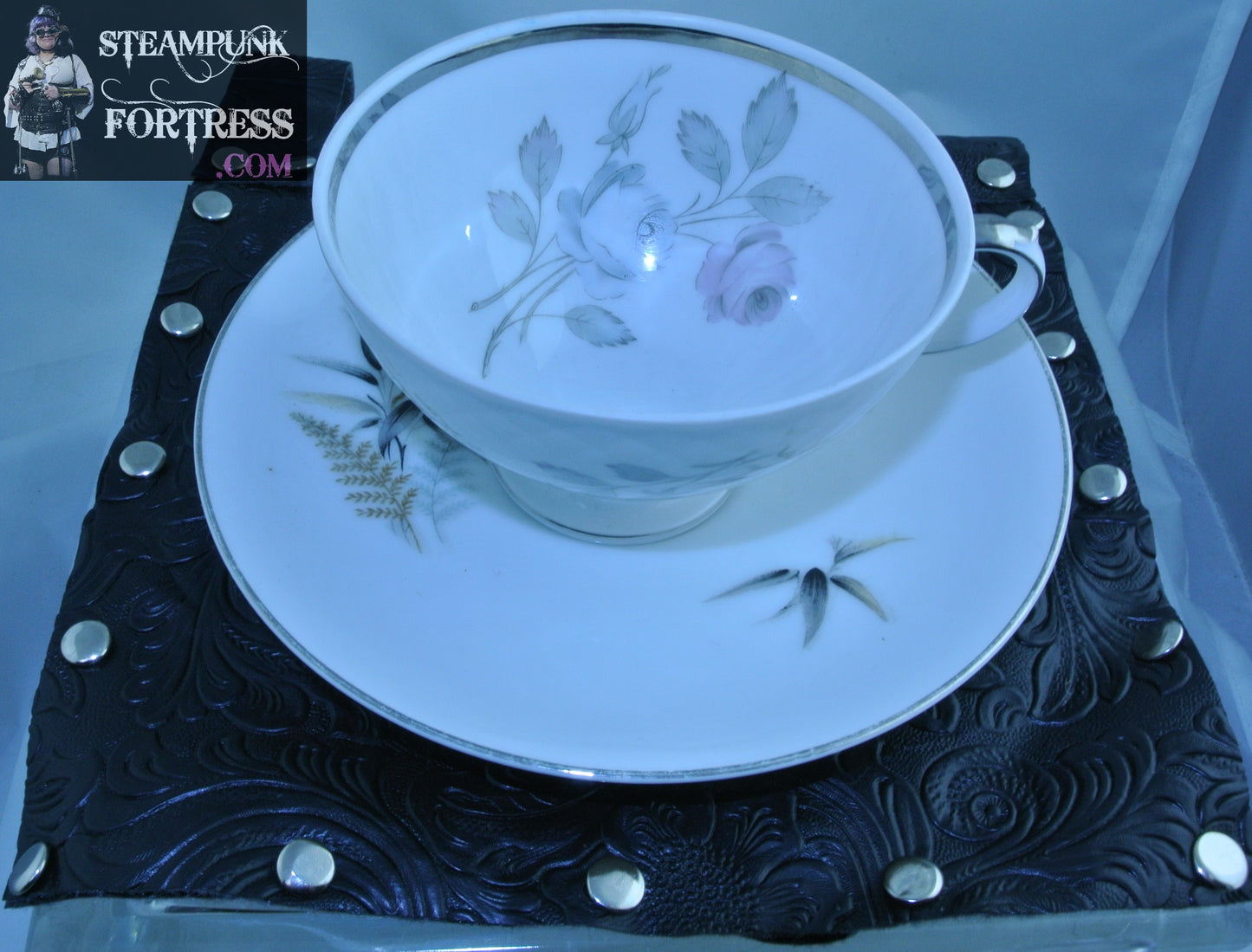 TEA CUP HOLDER BLACK EMBOSSED WHITE FLOWERS SET DUELING DUELLING SAUCER FLORAL FAUX LEATHER VEGAN STARR WILDE STEAMPUNK FORTRESS