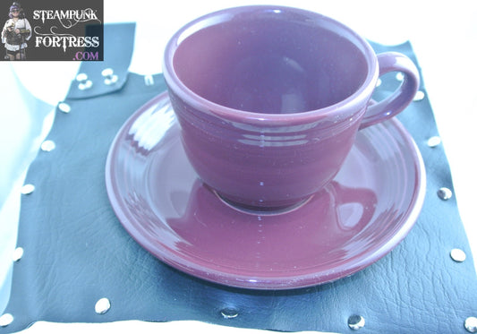 TEA CUP HOLDER FAUX LEATHER VEGAN BLACK PLAIN PURPLE HEAVY SET SILVER TRIM DUELING DUELLING SAUCER COSTUME COSPLAY STARR WILDE STEAMPUNK FORTRESS
