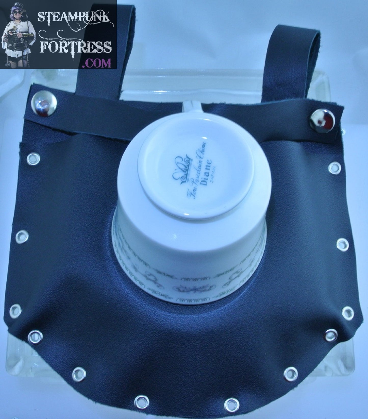 TEA CUP HOLDER BLACK LEATHER SILVER EYELET BLUE WHITE CHINA DUELING DUELLING CUP SAUCER STARR WILDE STEAMPUNK FORTRESS