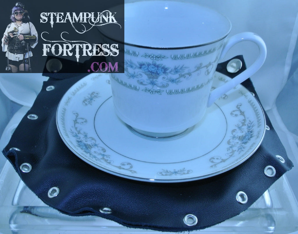 TEA CUP HOLDER BLACK LEATHER SILVER EYELET BLUE WHITE CHINA DUELING DUELLING CUP SAUCER STARR WILDE STEAMPUNK FORTRESS