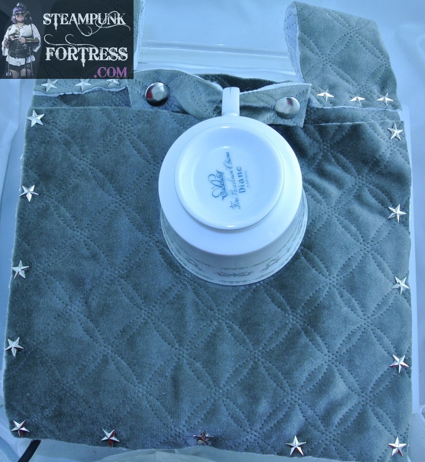 TEA CUP HOLDER QUILTED SILVER STAR RIVETS BLUE WHITE DIANE SET HOLSTER SAUCER TEA DUELING DUELLING STARR WILDE STEAMPUNK FORTRESS COSPLAY COSTUME