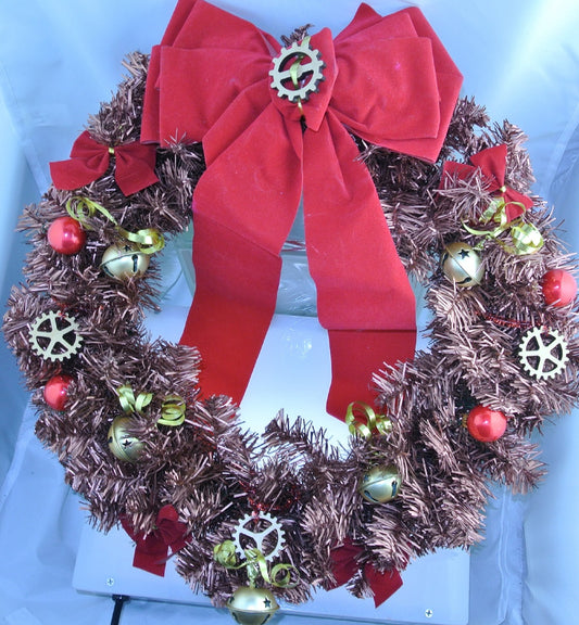CHRISTMAS WREATH COPPER WOOD CLOCK WATCH GEARS RED GLASS ORNAMENTS GOLD STAR BELLS STARR WILDE STEAMPUNK FORTRESS