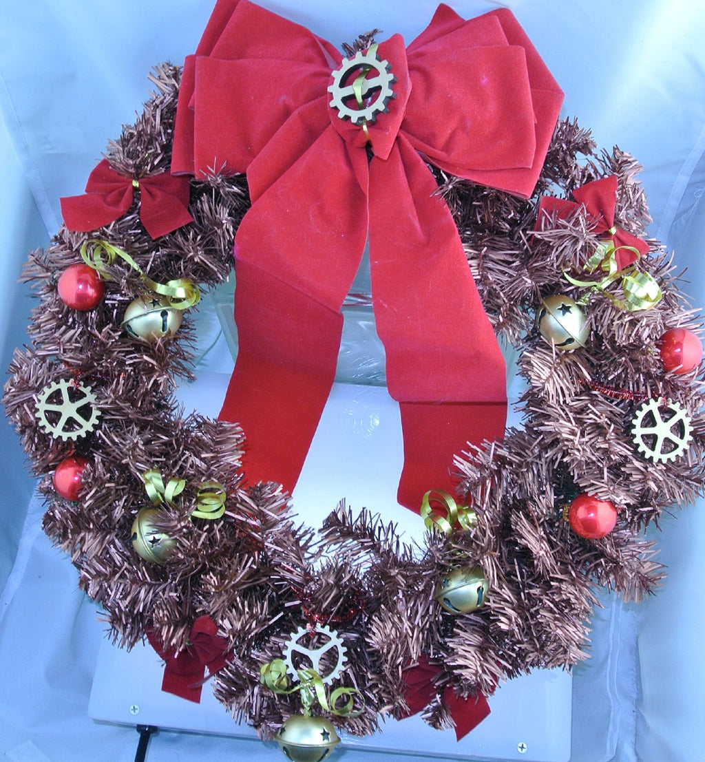WREATH COPPER WOOD CLOCK WATCH GEARS RED GLASS ORNAMENTS GOLD STAR BELLS RED BOWS CHRISTMAS WREATH STARR WILDE STEAMPUNK FORTRESS