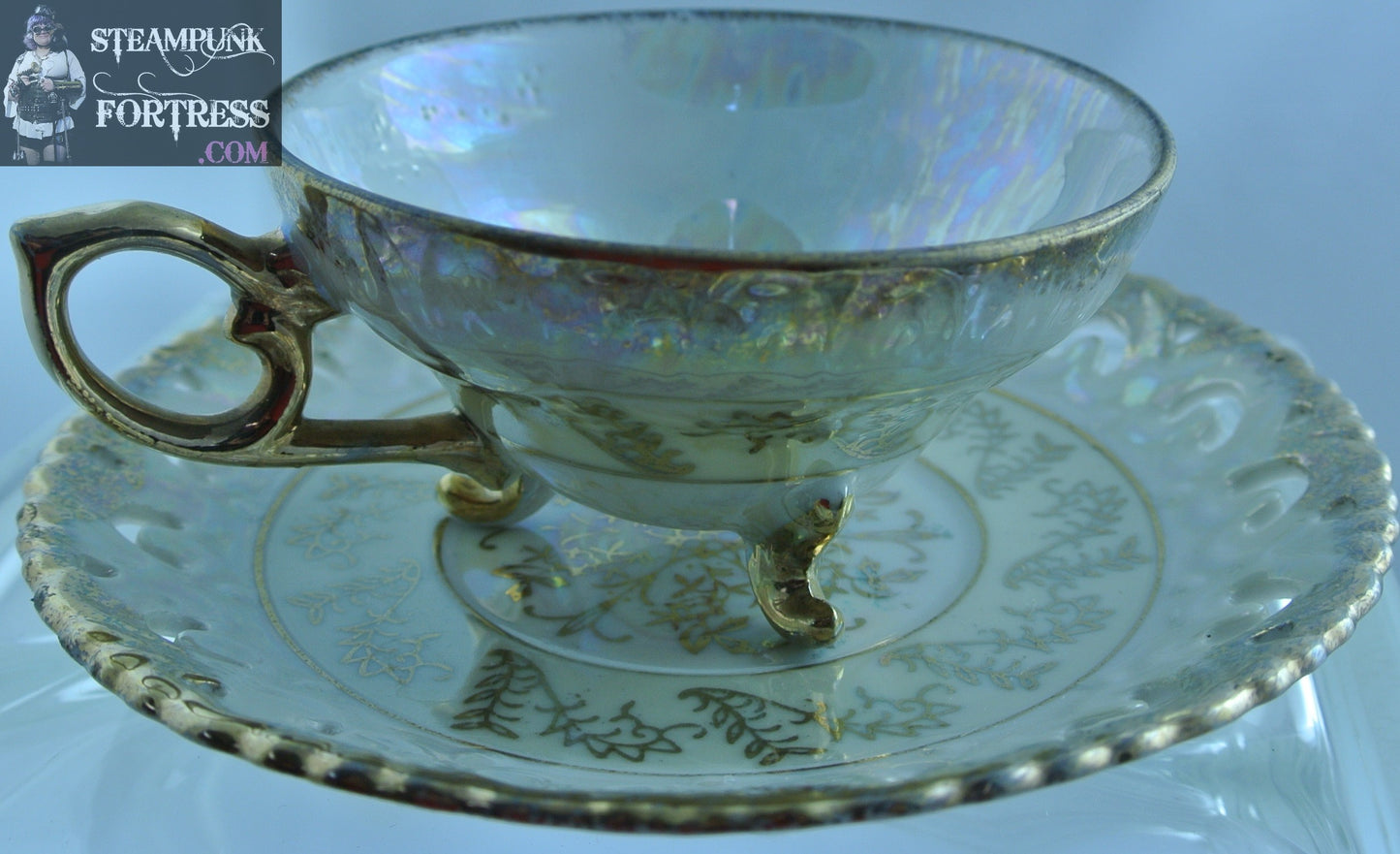 VINTAGE YAMATO TEACUP TEA CUP SET PLATE SAUCER LUSTERWARE GOLD WHITE FOOTED