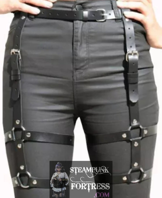 BLACK THIGH HOLSTER DOUBLE D RINGS BUCKLES BELT SILVER ACCENTS SMALL TO XL EXTRA LARGE 24" TO 40" LONG STEAMPUNK FORTRESS - MASS PRODUCED