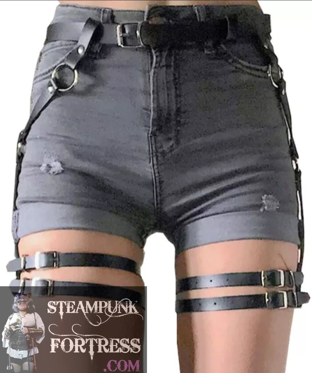 BLACK THIGH HOLSTER DOUBLE BUCKLES BELT SILVER ACCENTS SMALL TO LARGE 27" TO 38" LONG STEAMPUNK FORTRESS - MASS PRODUCED