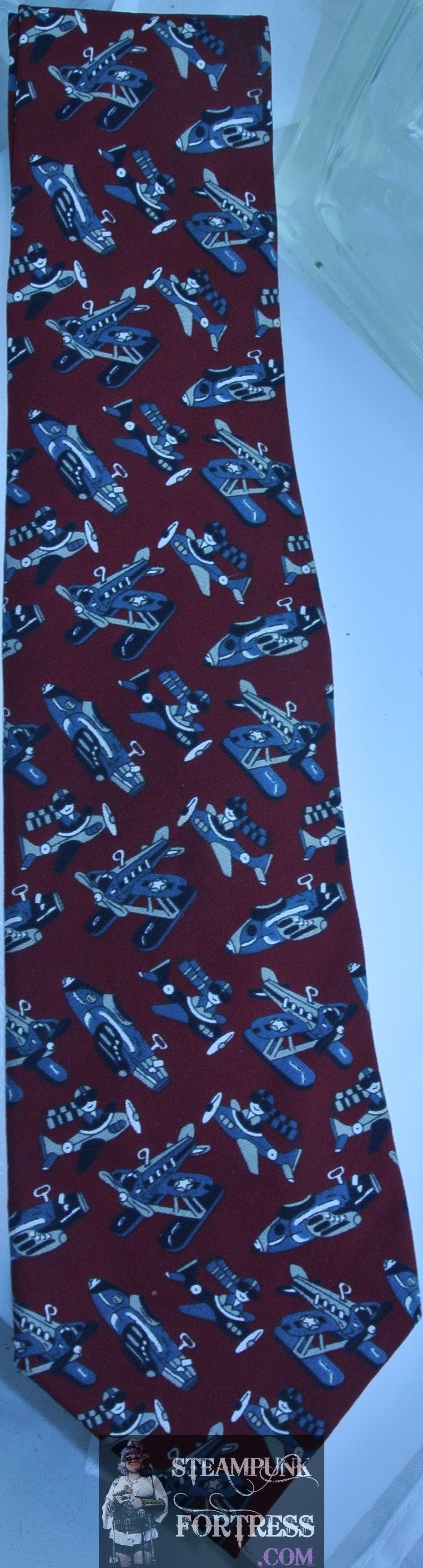 VINTAGE STRINGBEANS RED BOMBER TIE STEAMPUNK AIRPLANE RED BARON SEAPLANES GREY GRAY ACCENTS
