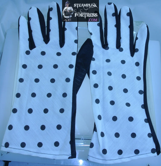 VINTAGE BLACK WHITE POLKA DOTS HALF & HALF NYLON WRIST LENGTH GLOVES - MASS PRODUCED