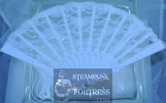 WHITE LACE FAN PROP HANDHELD HAND HELD VICTORIAN STEAMPUNK MARDI GRAS VENETIAN COSTUME COSPLAY NEW- MASS PRODUCED