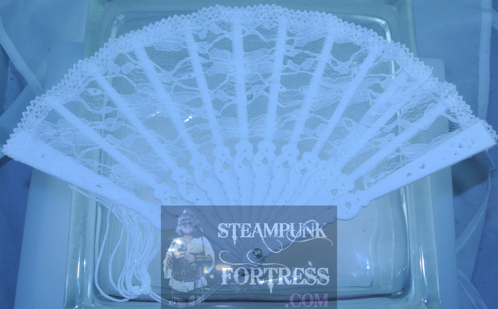 WHITE LACE FAN PROP HANDHELD HAND HELD VICTORIAN STEAMPUNK MARDI GRAS VENETIAN COSTUME COSPLAY NEW- MASS PRODUCED DUPLICATE