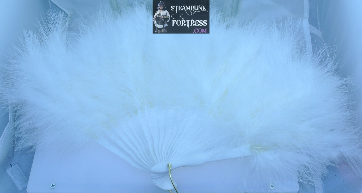 WHITE MARIBOU FEATHERS FAN PROP HANDHELD HAND HELD VICTORIAN STEAMPUNK MARDI GRAS VENETIAN COSTUME COSPLAY NEW- MASS PRODUCED